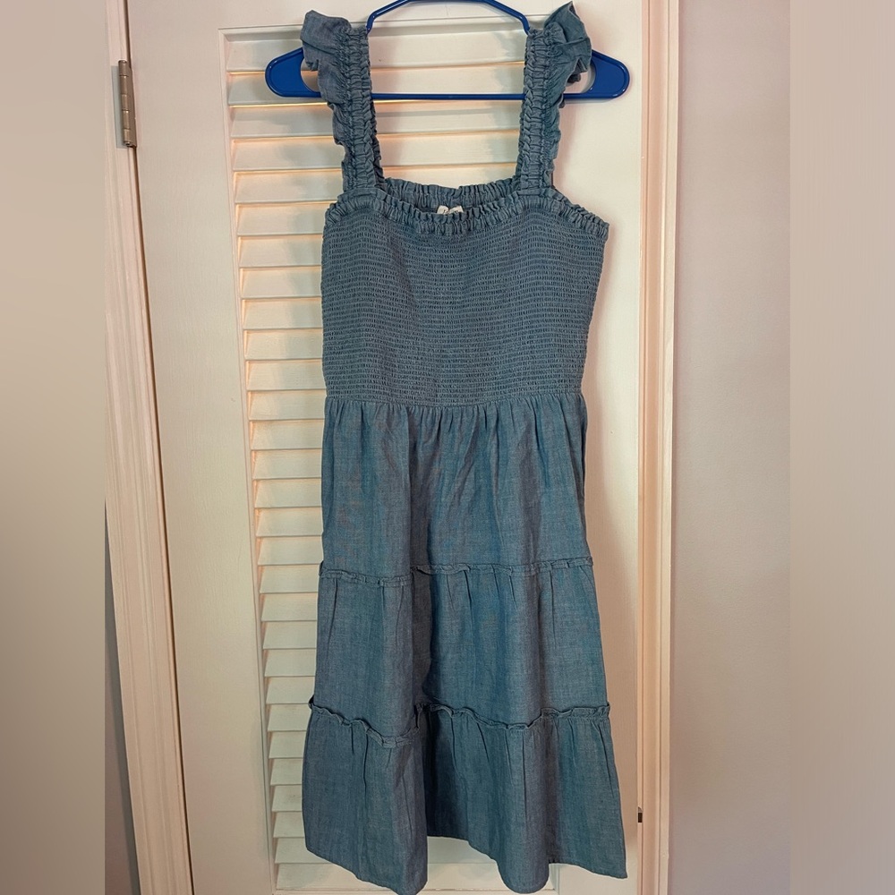 J. Crew 3 tiered chambray light denim ruffle sleeve dress